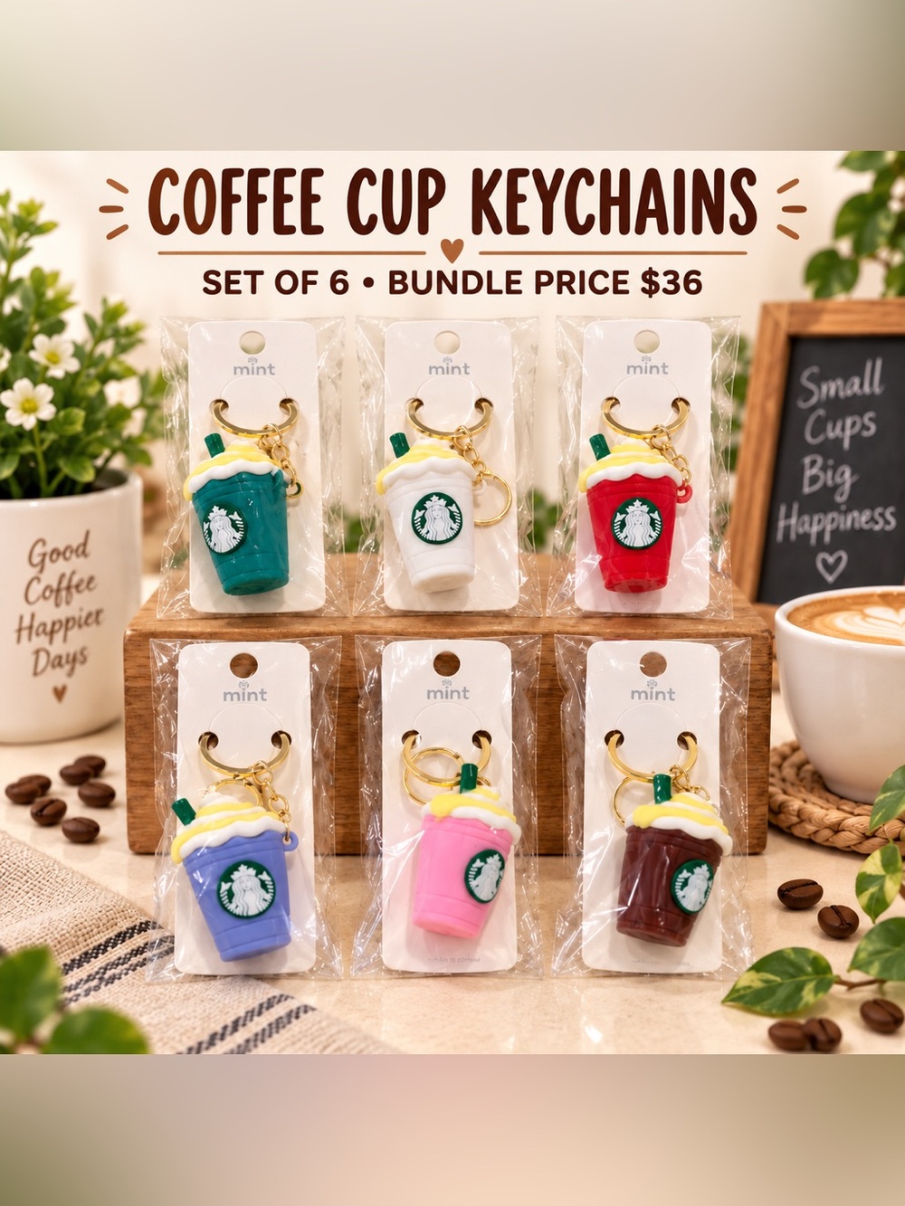 6 Mini Coffee Cup Keychain Bag Charms